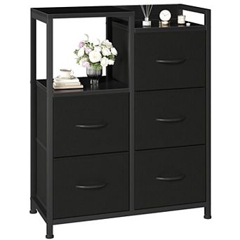 TV Stand Dresser 5 Fabric Drawers Open Shelf Charging Station Compact Entertainment Unit Bedroom