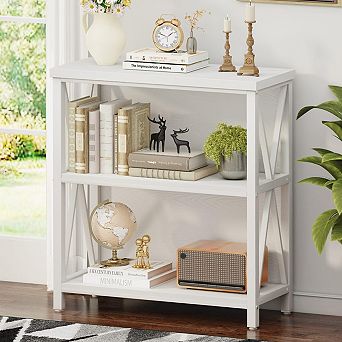 Space Saving Bookcase Modern Wood Metal Storage Shelf for Living Room Hallway Office