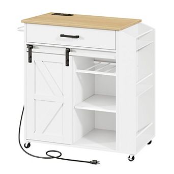 White Rolling Kitchen Island Cart with Power Outlet Sliding Barn Doors Drawer Spice Rack