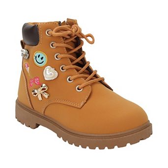 Yoki Faux Suede Girls Lace-Up Combat Boots With Patch Accents