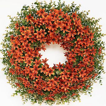 26" Large Artificial Eucalyptus Silk Flower Wreath, Fall Orange Outdoor Decor