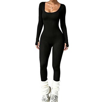 Womens Ribbed Knit Long Sleeve Jumpsuit Square Neck Bodycon Workout Long Stretchy Romper