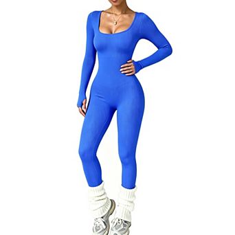 Womens Ribbed Knit Long Sleeve Jumpsuit Square Neck Bodycon Workout Long Stretchy Romper