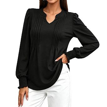 Women V Neck Long Sleeve Pleated Front Smocked Cuff Curved Hem Loose Fit Tunic Top