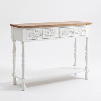 White Farmhouse Wood Console Table with 2 Carved Drawers and Bottom Shelf, Natural Wood Top