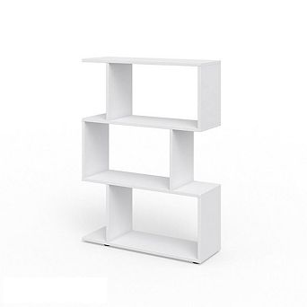 Modern Geometric E-Shaped 3-Layer White Bookshelf Wall-Mounted Space-Saving Storage for Living Room