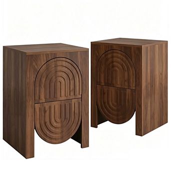 2 Set Fluted Nightstands with 2 Press Pop-Up Drawers, Embossed Arch Geometric Pattern, Walnut
