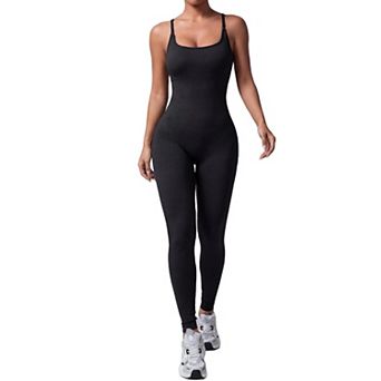 Seamless Yoga Jumpsuit Adjustable Strap Criss Cross Back Workout Bodysuit with Padded Bra