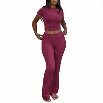 Women Crop Top Flare Pants Tracksuit Set