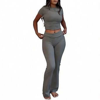 Women Crop Top Flare Pants Tracksuit Set