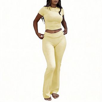 Women Crop Top Flare Pants Tracksuit Set