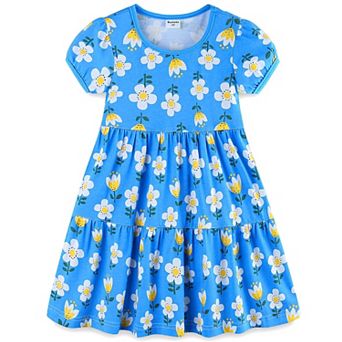 Girl's Ruffle Sleeve Tiered Swing Midi Sundress Sunflower Print