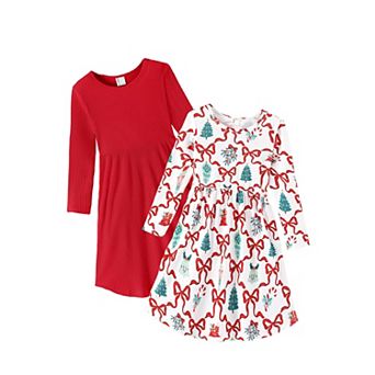 2-Pack Girl Long Sleeve Ribbed & Printed Dresses