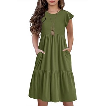 Girl Summer Boho Tiered Midi Dress Pockets