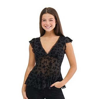 Juniors' madden girl Flutter Sleeve V-Neck Top