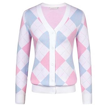 Women Argyle Cardigan Preppy Fall Sweater