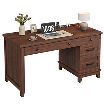 Farmhouse Wood Home Office Desk with Drawers, 53.5" Executive Writing Table, Built-in Power Outlets