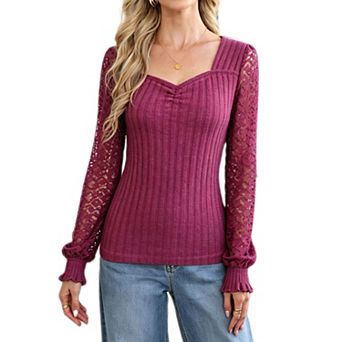 Women's Sweetheart V Neck Lace Blouse Causal Dressy Puff Long Sleeve Ribbed Fitted Top