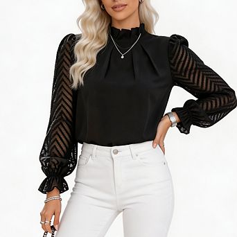 Women Office Formal Work Chiffon Blouse Long Sleeve Elegant Lace Dressy Casual Business Tops