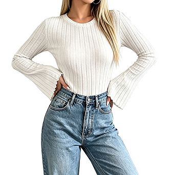 Women Crew Neck Long Bell Sleeve Ribbed Knit Fitted Top Scalloped Cuff Slim Fit Casual Tee