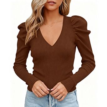 KOJOOIN Women's V Neck Puff Shoulder Sweater Slim Fit Long Sleeve Solid Elegant Casual Sweater