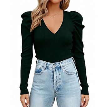 KOJOOIN Women's V Neck Puff Shoulder Sweater Slim Fit Long Sleeve Solid Elegant Casual Sweater