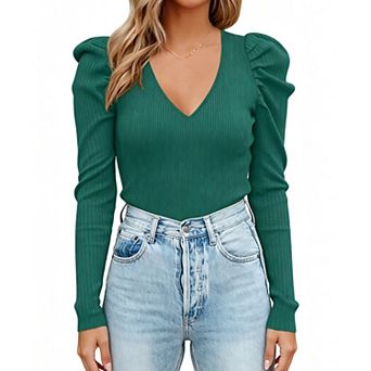 KOJOOIN Women's V Neck Puff Shoulder Sweater Slim Fit Long Sleeve Solid Elegant Casual Sweater
