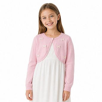 Girls Bolero Shrug Cardigan Bow Decor Short Cropped Knit Cover Up For Dress Wedding Party Daily