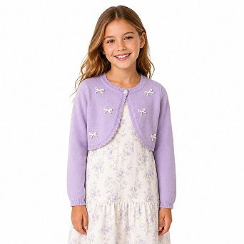 Girls Bolero Shrug Cardigan Bow Decor Short Cropped Knit Cover Up For Dress Wedding Party Daily