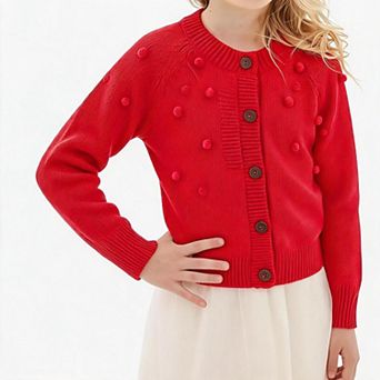 Girls' 100% Cotton Pom-Pom Cardigan