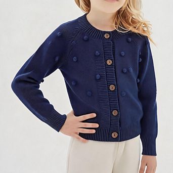 Girls' 100% Cotton Pom-Pom Cardigan