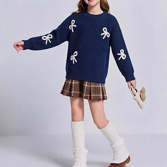 Girls' Embroidered Bow Pullover Sweater