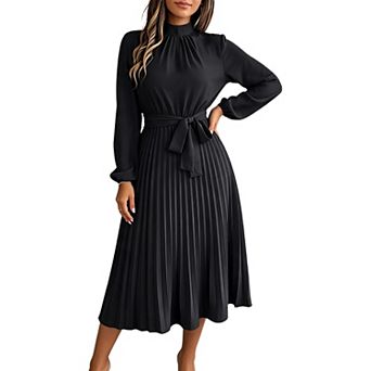 Women's Long Sleeve Flowy a-Line Casual Semi-Formal Mock Neck Church Wedding Maxi Dress with Belt