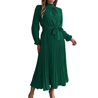 Women's Long Sleeve Flowy a-Line Casual Semi-Formal Mock Neck Church Wedding Maxi Dress with Belt