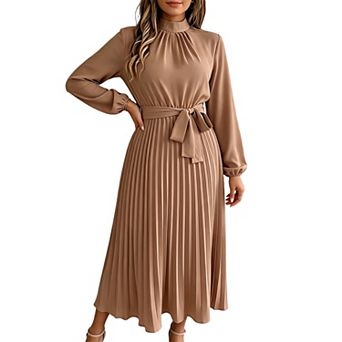Women's Long Sleeve Flowy a-Line Casual Semi-Formal Mock Neck Church Wedding Maxi Dress with Belt