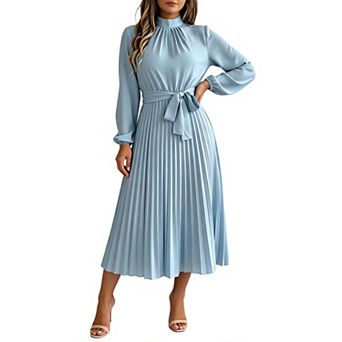 Women's Long Sleeve Flowy a-Line Casual Semi-Formal Mock Neck Church Wedding Maxi Dress with Belt