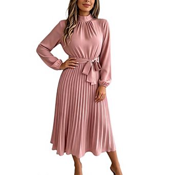 Women's Long Sleeve Flowy a-Line Casual Semi-Formal Mock Neck Church Wedding Maxi Dress with Belt