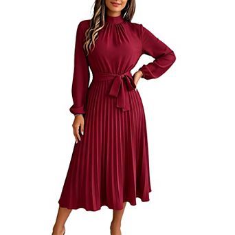 Women's Long Sleeve Flowy a-Line Casual Semi-Formal Mock Neck Church Wedding Maxi Dress with Belt