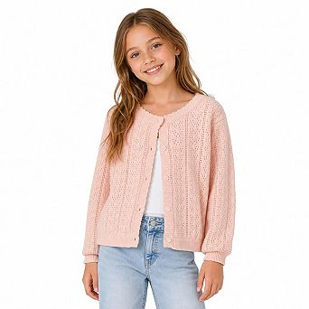 Girls Cardigan Cover Up Button Front Long Sleeve Scalloped Trim Hollow Out Layering For Daily Party