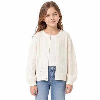 Girls Cardigan Cover Up Button Front Long Sleeve Scalloped Trim Hollow Out Layering For Daily Party