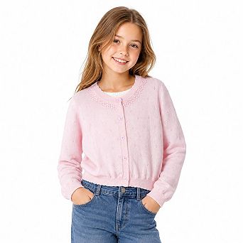 Girls Cardigan Cropped Cover Up Long Sleeve Button Front Hollow Out Layering Top For Party Daily