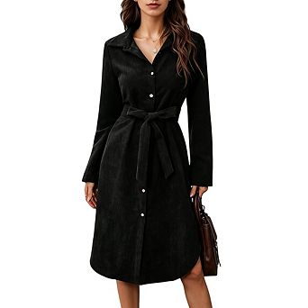 Women's Corduroy Button Down Long Sleeve Belted Midi Shirt Dress