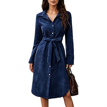 Women's Corduroy Button Down Long Sleeve Belted Midi Shirt Dress