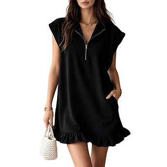 Women's Half Zip Collared Cap Sleeve Loose Fit Casual Ruffle Hem Mini T Shirt Dress