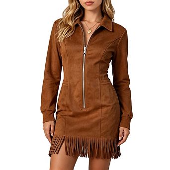 Womens Half Zip Bodycon Long Sleeve Square Leather Mini Fringe Dress