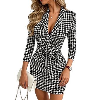 Womens Classy 3/4 Sleeve V-Neck Bodycon Waist Tie Evening Party Short Dress