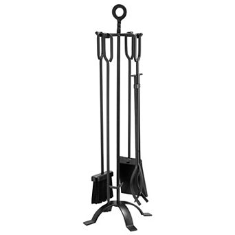 VEVOR Fireplace Tool Set, 5 pc Fire Tool Set and Holder with Four-Prong Stand, Tongs, Black