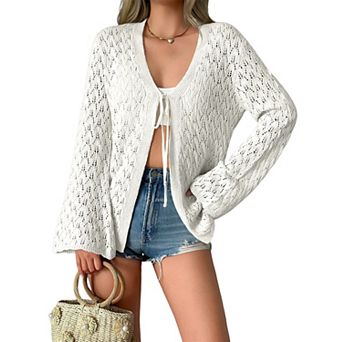 Women Lightweight Tie Front Cardigan Crochet Long Sleeves Knit Cardigans