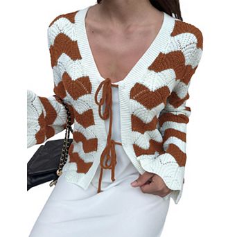 Women's Cardigan Striped Tie Front Sweater Long Sleeves Knit V Neck Trendy Cardigans