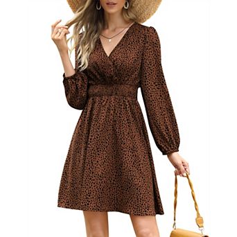 Women's V Neck Long Sleeve Dress Shirred Waist A-Line Mini Dress